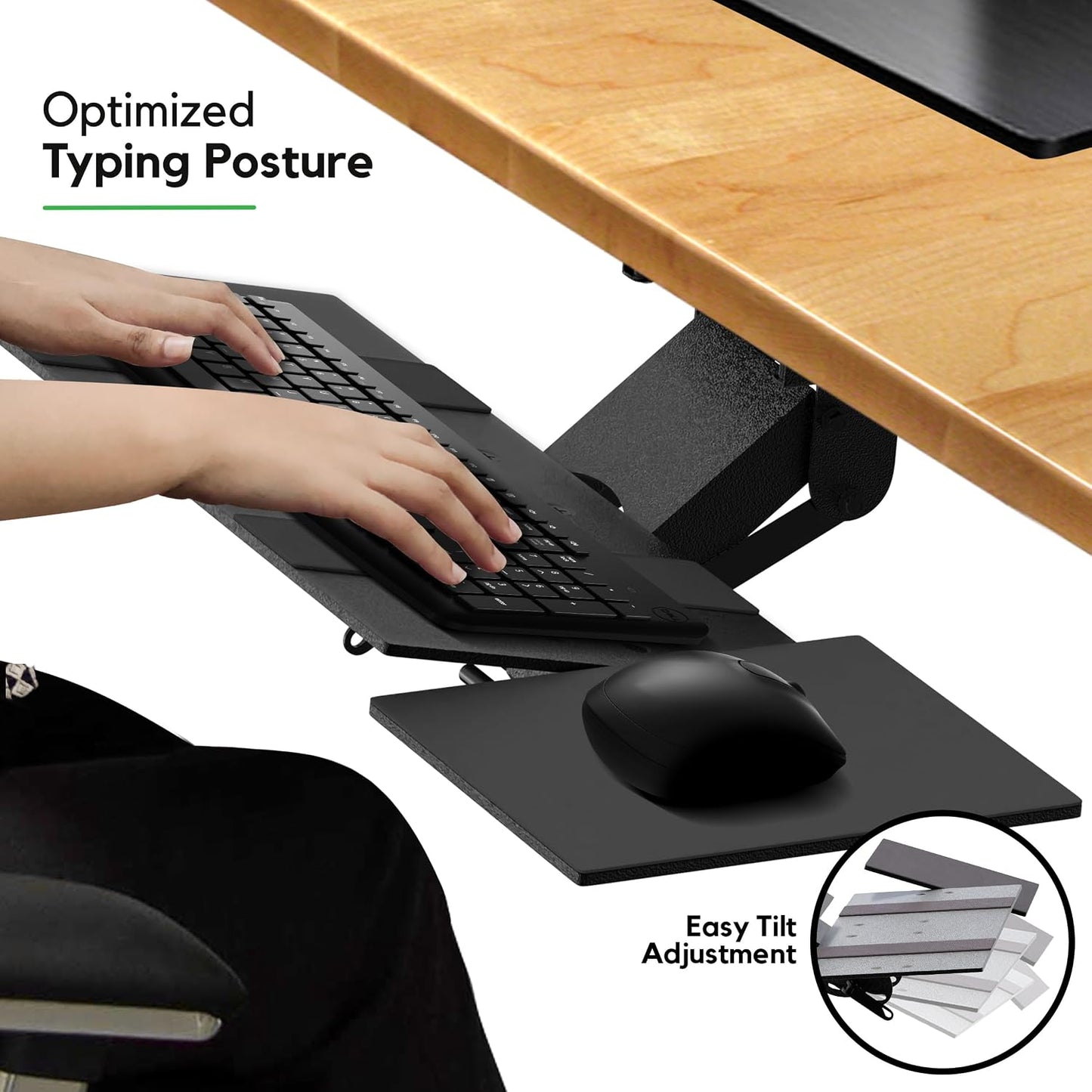 KT1 Ergonomic Under-Desk Computer Keyboard Tray. Adjustable height angle negative tilt sliding pull out drawer platform swivels 360 slides office products furniture desktop accessories with mouse pad