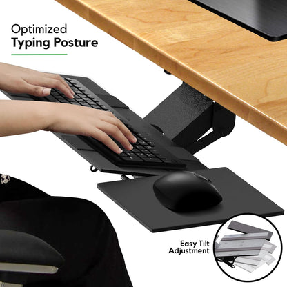KT1 Ergonomic Under-Desk Computer Keyboard Tray. Adjustable height angle negative tilt sliding pull out drawer platform swivels 360 slides office products furniture desktop accessories with mouse pad
