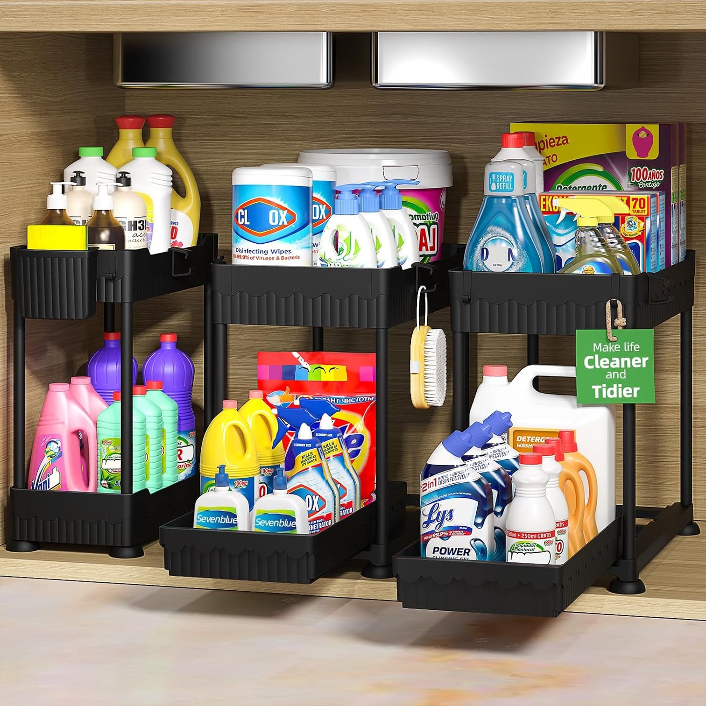 Sevenblue Under Sink Organizer 3 Pack, Bathroom Organizers, 2 Tier Multi-Use kitchen Organizers and Storage with Sliding Drawer, Hang Hooks and Cups, (Black)