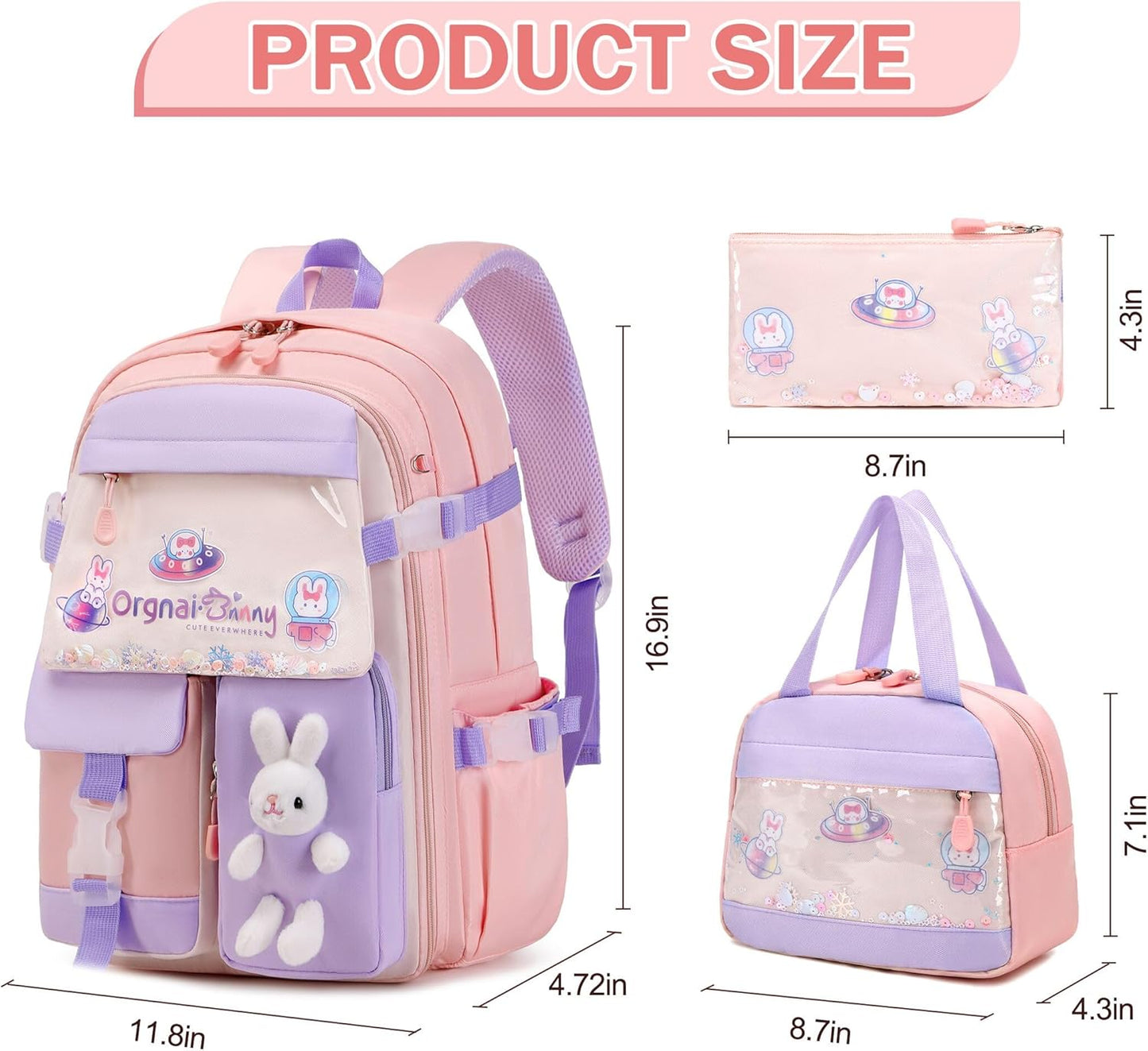 FIXITOK Girls Backpack Set, 3PCS Kids Backpack for Girls, Kawaii Bunny School Backpacks for Girl Kindergarten Elementary Preschool Middle School Bags with Lunch Box Pencil Case Aquamarine