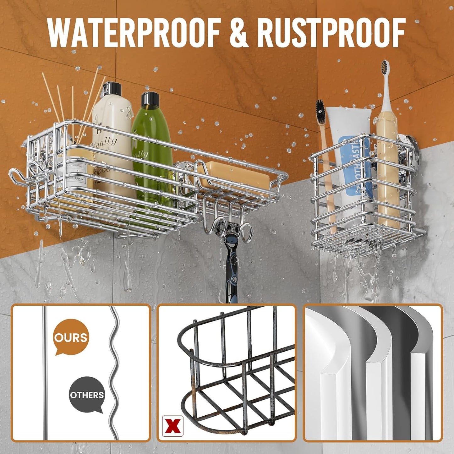 LEVERLOC Shower Caddy Suction Cup, 2 Pack Black Shower Shelf with Hooks and Soap Holder, NO-Drilling Bathroom Organizer, Rustproof Metal Bathroom Storage and Organization