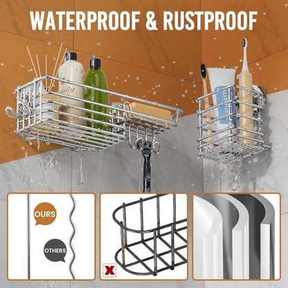 LEVERLOC Shower Caddy Suction Cup, 2 Pack Black Shower Shelf with Hooks and Soap Holder, NO-Drilling Bathroom Organizer, Rustproof Metal Bathroom Storage and Organization