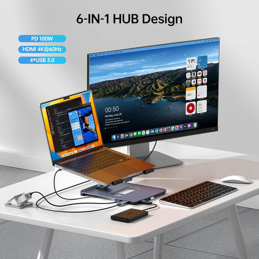 BENFEI Laptop Stand with USB C 6in1 Docking Station, HDMI 4K@60Hz, 4*USB3.0, 100W PD Compatible with MacBook Pro/Air, iPad Pro, XPS, Thinkpad - PuriLite
