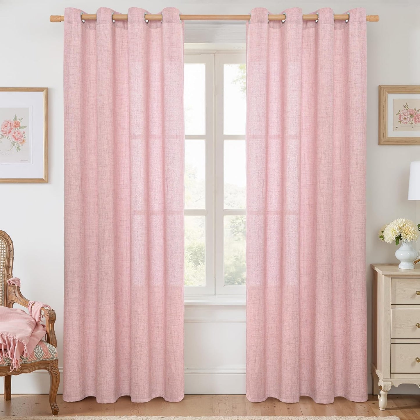 YoungsTex Natural Linen Curtains 84 Inch Long for Living Room Bedroom Grommet Top Light Filtering Privacy Linen Textured Window Semi Sheer Drapes, 2 Panels, 52x84 Inch, Natural