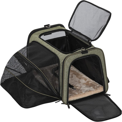Petsfit Expandable Cat Dog Carrier Airline Approved, 17" L x 11" W x 11" H Soft-Sided Portable Pet Travel Carrier for Kitten, Puppy, Removable Soft Plush Mat and Pockets, Auto-Locking Zippers
