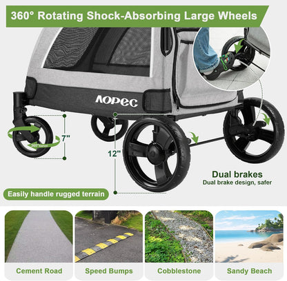 Large Dog Stroller - Dual Entry Safety Folding Pet Stroller with Adjustable Handle, All-Terrain 4-Wheel, 160 lbs Weight Capacity for Travel & Outdoor Adventures - Gray