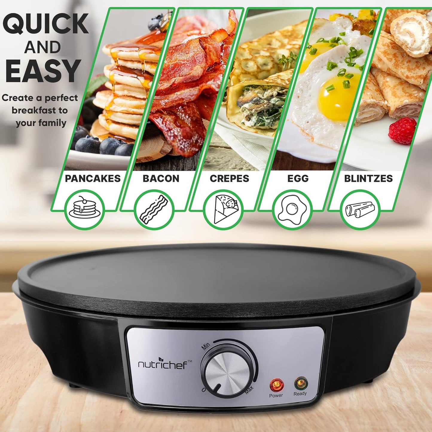 NutriChef Electric Crepe Maker, Cooks Roti, Tortillas, Pancakes, Nonstick Cooktop, 8-inch Cook Area On/Off Switch, Automatic Temperature Control & Cool Touch Handle, Includes Food Bowl, Whisk, Spatula