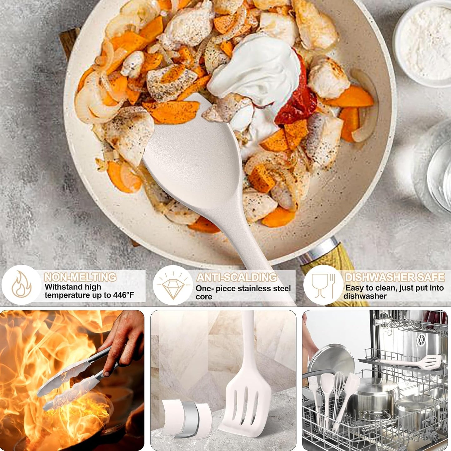 Silicone Kitchen Cooking Utensils Set, Umite Chef 22Pcs Heat Resistant Kitchen Utensils, Spatula, Spoon, Whisk, Dishwasher Safe Kitchen Utensil Gadgets Tools Set for Nonstick Cookware(Khaki)