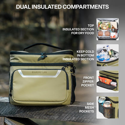 EVERFUN Cooler Bag Insulated Beach Cooler Lunch Bag Box for Men Women Dual Compartments Collapsible Waterproof Leak-Proof for Travel Work Picnic