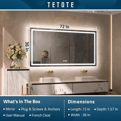 TETOTE 28 Inch Round LED Bathroom Vanity Mirror, Anti-Fog Dimmable Lights IP54 Waterproof Circle Makeup Wall Mounted Mirror