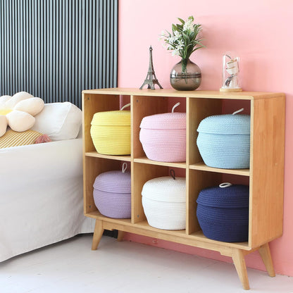 Sea Team Round Cotton Rope Storage Basket with Lid, Decorative Woven Storage Bin, Pot, Caddy, Organizer, Container for Snacks, Towels, Plants (Grey, Small)
