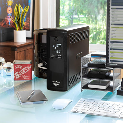 CyberPower CP1500AVRLCD3 Intelligent LCD UPS System, 1500VA/900W, 12 Outlets, 2 USB Ports, AVR, Mini Tower, Black