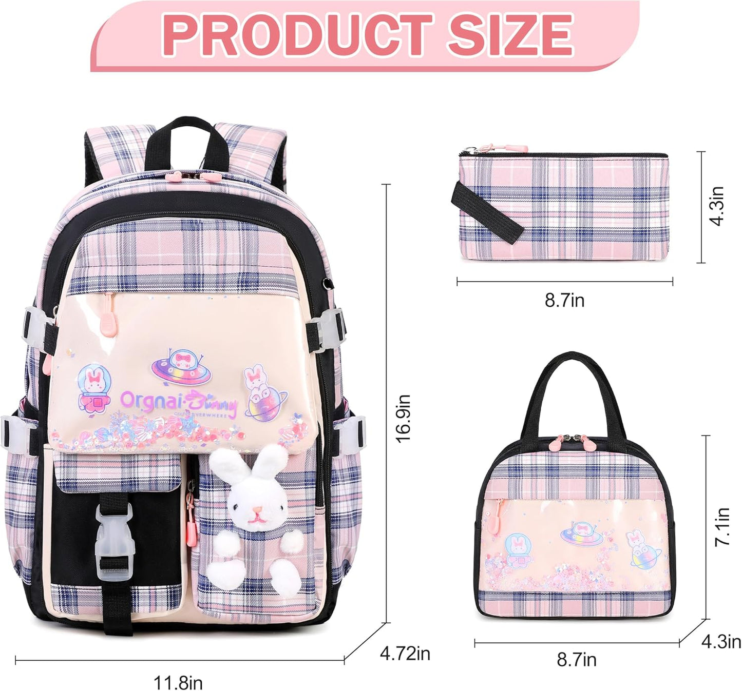 FIXITOK Girls Backpack Set, 3PCS Kids Backpack for Girls, Kawaii Bunny School Backpacks for Girl Kindergarten Elementary Preschool Middle School Bags with Lunch Box Pencil Case Aquamarine
