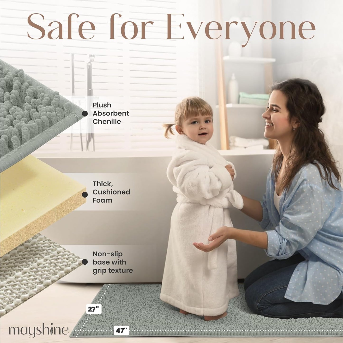 Soft Plush Chenille Bathroom Rug, Absorbent Microfiber Bath Mat, Machine Washable, Non-Slip Grip, Quick-Dry, Thick Shag Carpet Great for Bath, Shower Floor, Bedroom, or Door Mat (Beige, 17x24)