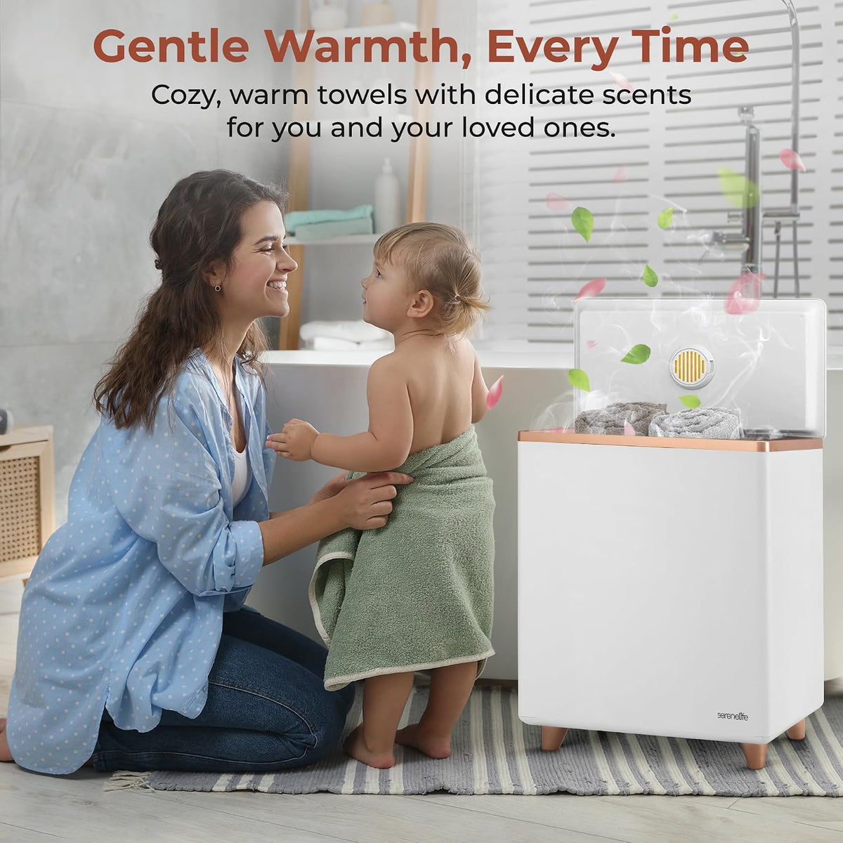 SereneLife Towel Warmer Bucket – Large Capacity WiFi Towel & Blanket Heater, Holds 2 Large Towels, PJ’s & Robes, Single-Touch Control, Auto Shut-Off (Gold) – Luxurious Winter Comfort