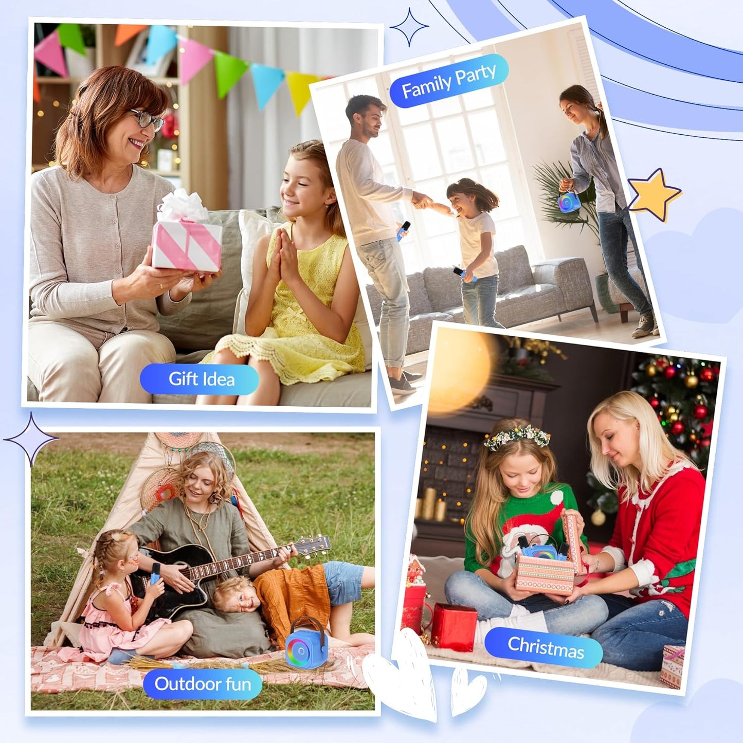 Mini Karaoke Machine, Portable Bluetooth Karaoke Speaker with 2 Wireless Microphones and Party Lights for Kids and Adults, Birthday Gifts for Girls Boys Family Home Party (Blue)