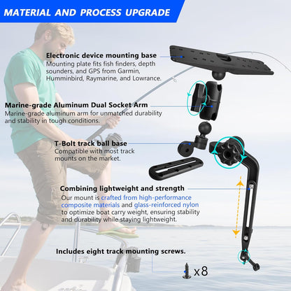 Velpaw 1.5" Ball Kayak Fish Finder Mount with Transducer Mounting Arm, Marine Electronic Mount Plate with Low Profile Track, Compatible with RAM Mounts, Scotty, Lowrance, Garmin