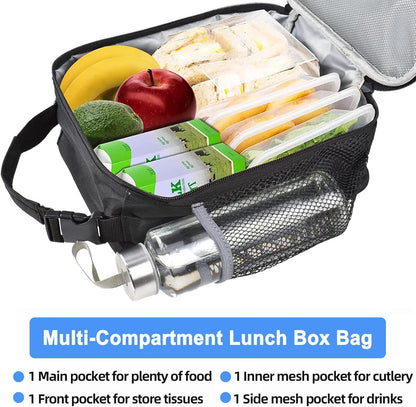 Insulated Lunch Bag, Leakproof Portable Lunch Box for Women Men Boys Girls, Large Capacity Cooler Bag with Handle and Bottle Pocket for Office School Camping Hiking Outdoor Beach Picnic (Black)