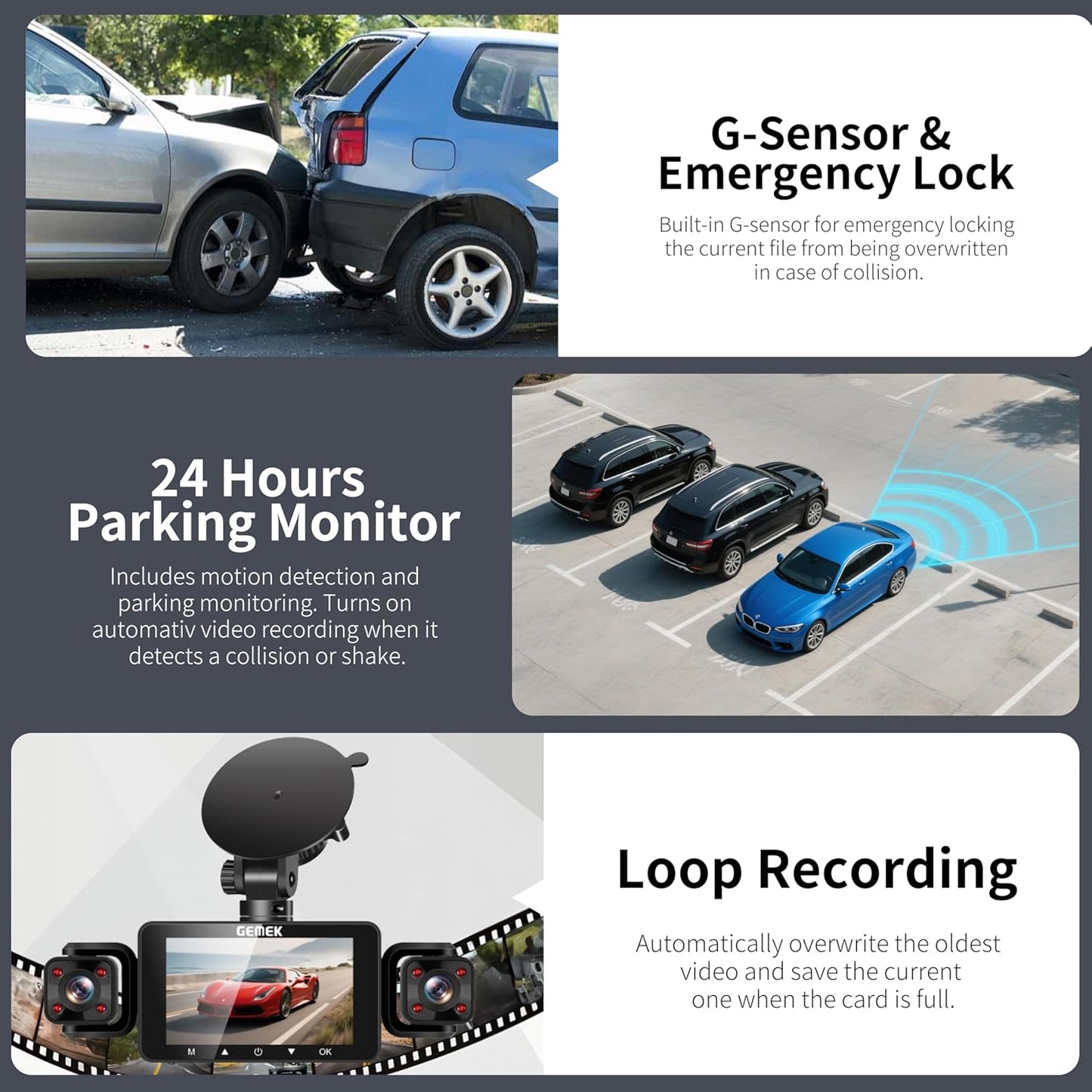 4 Channel Dash Cam 360° View 5G WiFi & APP Control, GEMEK 2K Front and Rear Inside, Left Right Dash Camera for Cars Free 64GB TF Card, G-Sensor, Night Vision, 24H Parking Mode