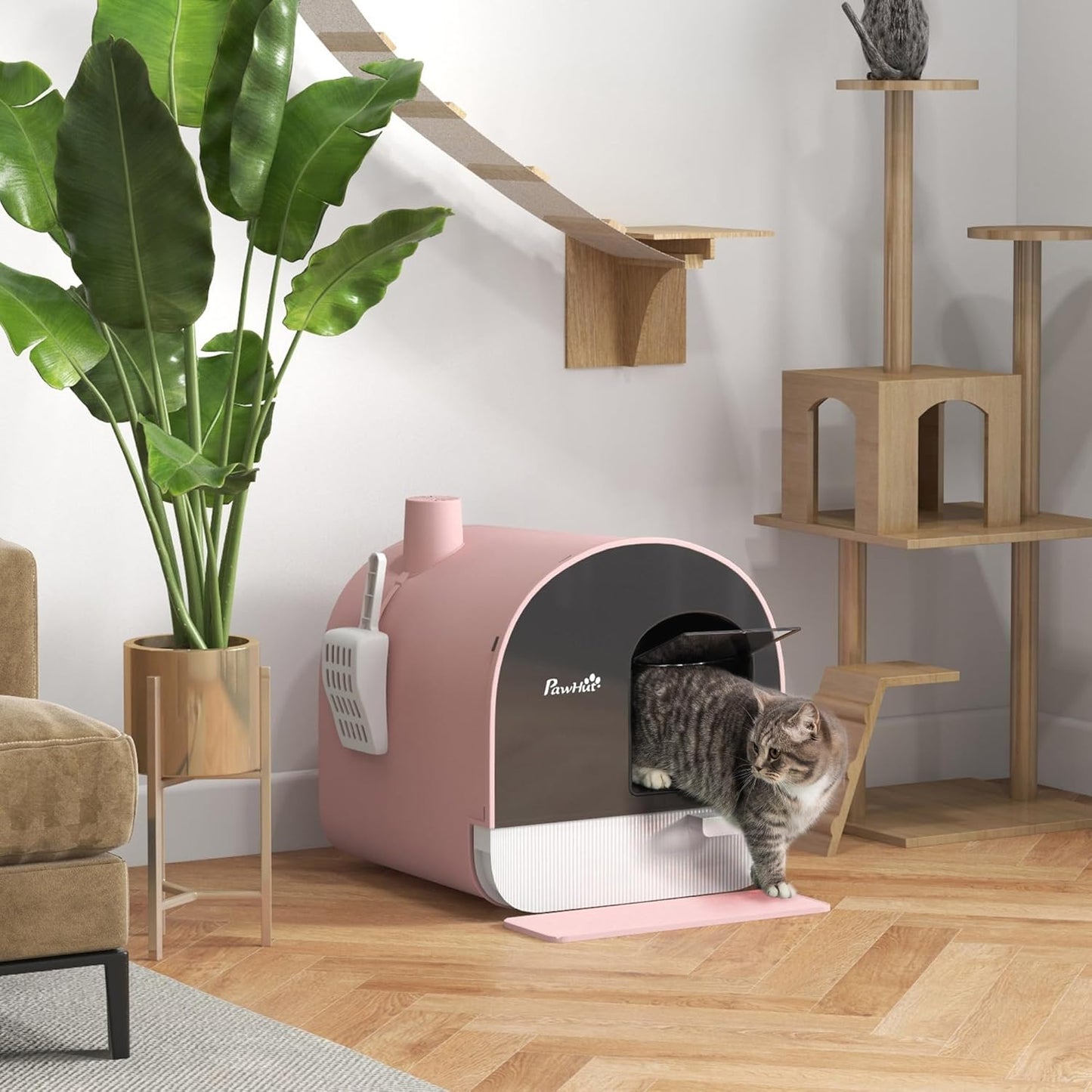 PawHut Large Cat Litter Box with Lid, Enclosed Kitty Litter Box with Slide-Out Tray, Scoop, Filter, Green