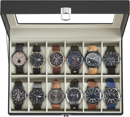 SONGMICS Watch Box, 6-Slot Watch Case, Watch Box Organizer, Black Synthetic Leather, Greenish Gray Lining UJWB06BK