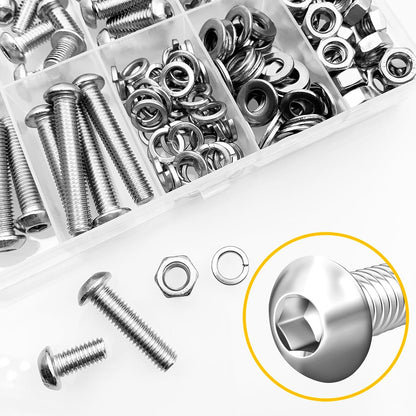 Mywish 900Pcs Metric Screw Assortment, M3 M4 M5 M6 Screw Assortment Kit 304 Stainless Steel Hex Socket Button Head Socket Cap Metric Screws Bolts & Flat Washers/Nuts/Hex Wrenches 16 Sizes 8MM to 20MM