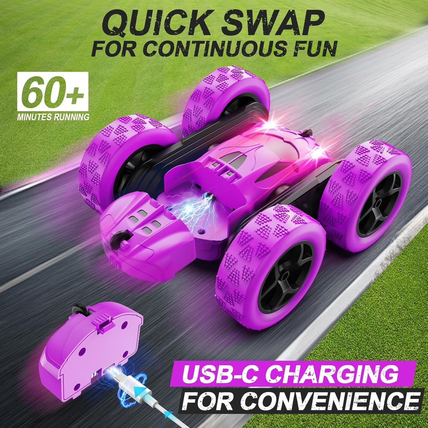 QUNREDA Remote Control Car for Kids Ages 6+, RC Cars Stunt Car Toy 4WD Double Sided 360° Rotating Remote Control with Headlights, Birthday Xmas Gifts for Boys 6 7 8 9 10 11 12 1-Blue