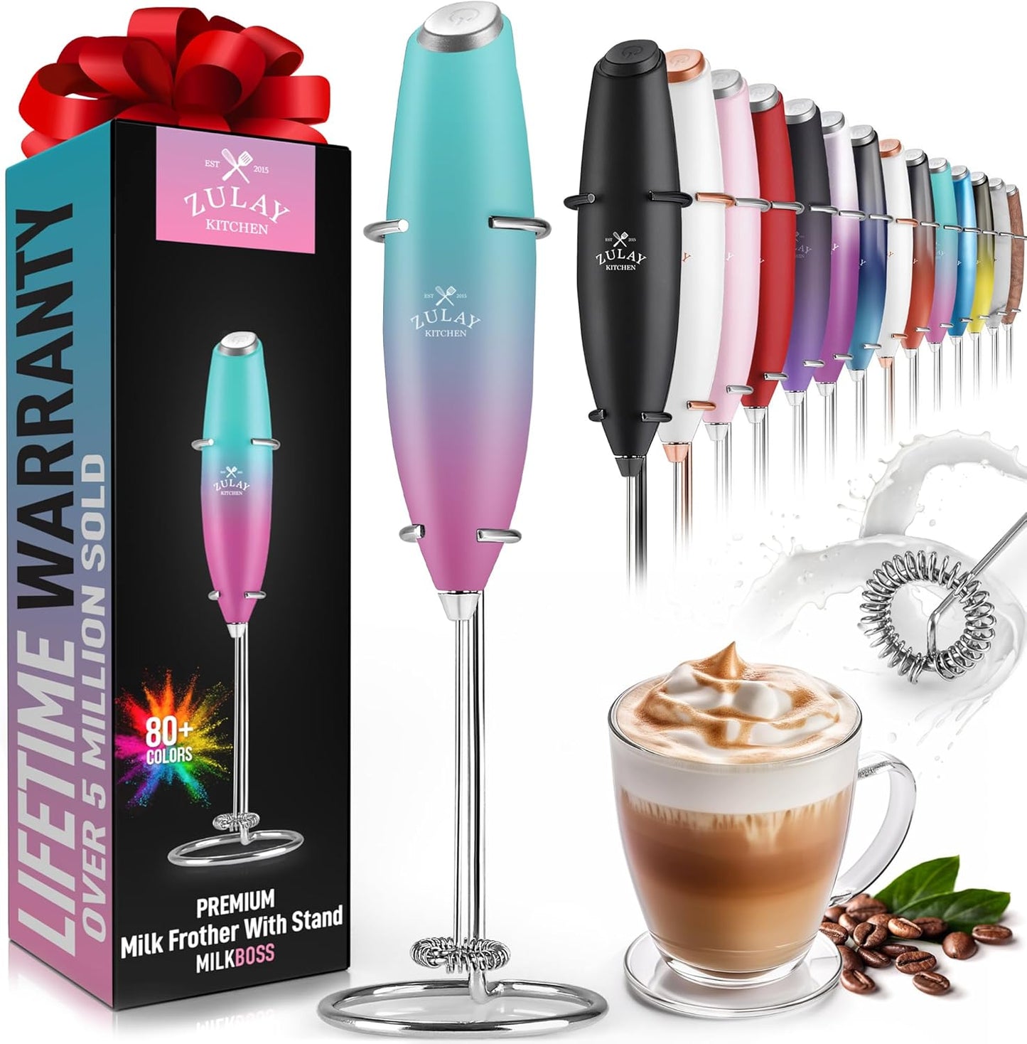 Zulay Kitchen Powerful Double Whisk Milk Frother Handheld - Foam Maker with Stand - Whisk Drink Mixer for Coffee, Mini Foamer for Latte, Matcha, Frappe, Hot Chocolate & Cappuccino (Black)