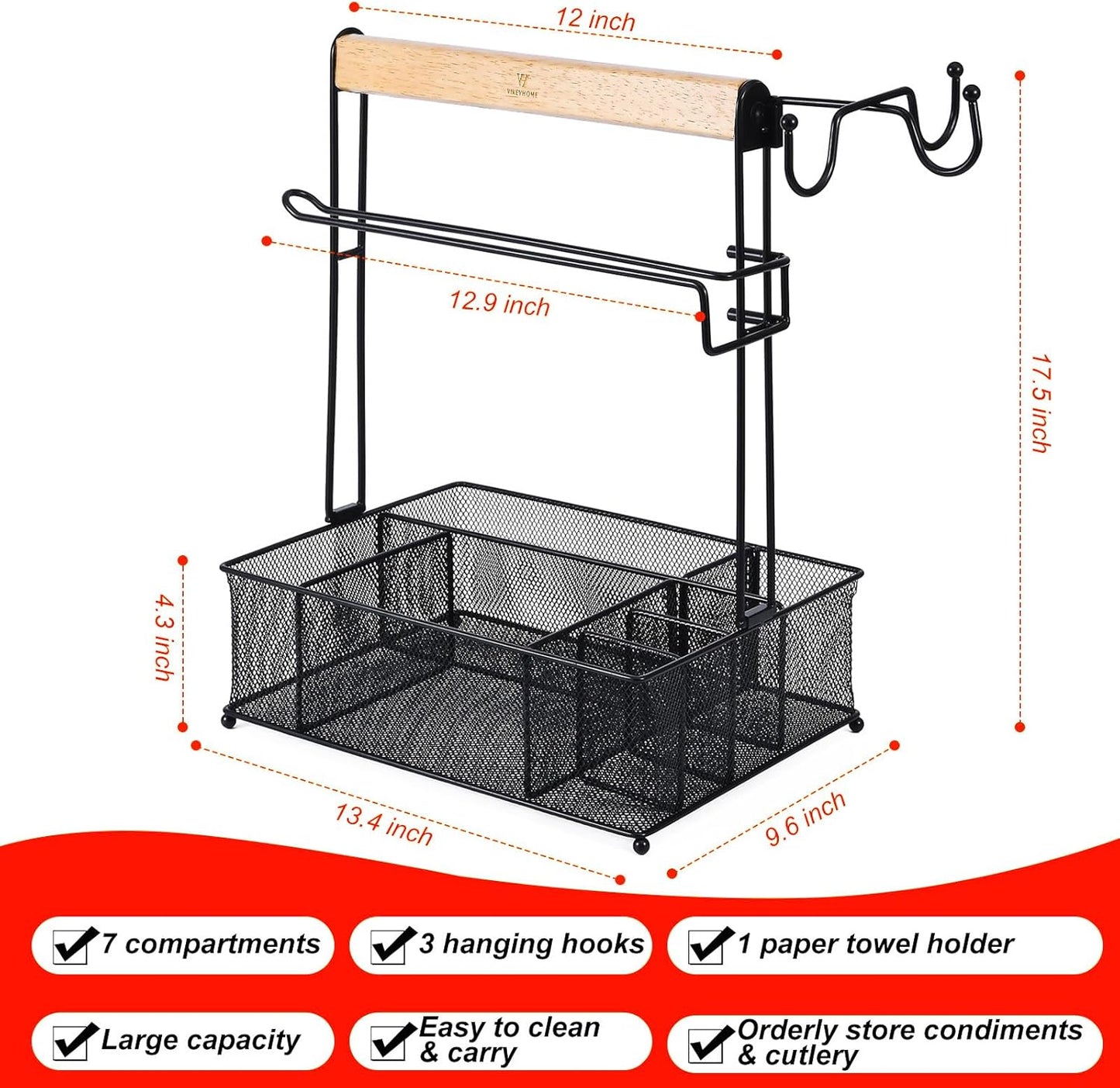 Grill Caddy BBQ Organizer with 7 Compartments, Paper Towel Holder & 3 Hanging Hooks – Portable Mesh Picnic, Camping, Outdoor Table & Tailgating Organizer - PuriLite