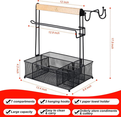 Grill Caddy BBQ Organizer with 7 Compartments, Paper Towel Holder & 3 Hanging Hooks – Portable Mesh Picnic, Camping, Outdoor Table & Tailgating Organizer - PuriLite