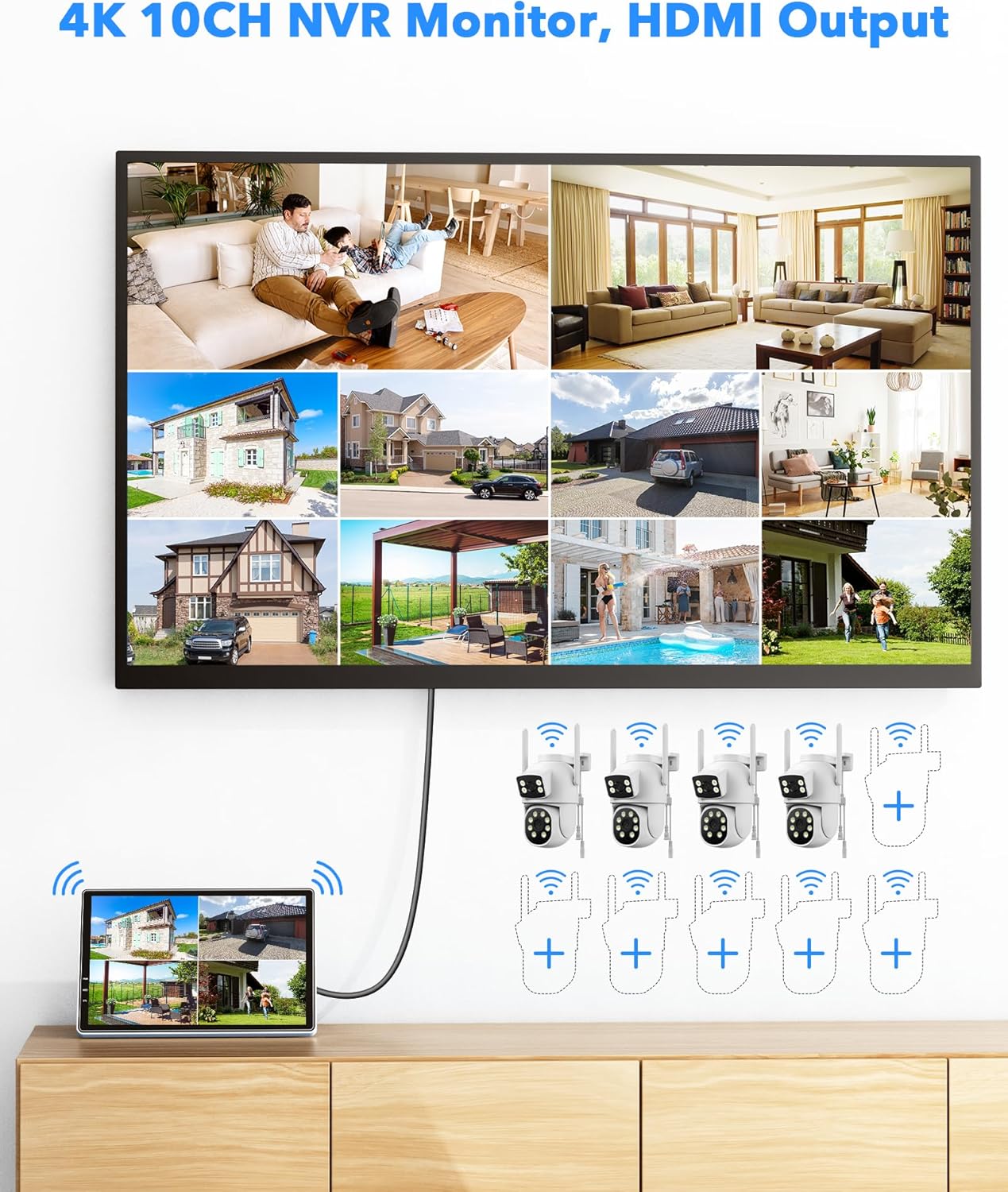 CAMCAMP Wireless Security Camera System with 10" 2K Monitor, 4Pcs 4MP Dual Lens 2.4G&5G WiFi Pro PTZ Cameras with 2-Way Audio,24/7 Record,Motion Detect,Auto Tracking,500GB HDD Storage,10CH Expandable