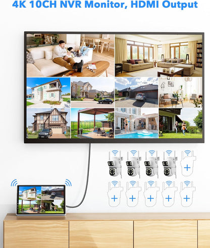 CAMCAMP Wireless Security Camera System with 10" 2K Monitor, 4Pcs 4MP Dual Lens 2.4G&5G WiFi Pro PTZ Cameras with 2-Way Audio,24/7 Record,Motion Detect,Auto Tracking,500GB HDD Storage,10CH Expandable