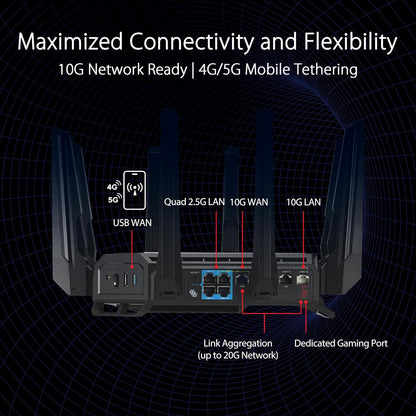 ASUS ROG Rapture WiFi 6E Gaming Router (GT-AXE16000) - Quad-Band, 6 GHz Ready, Dual 10G Ports, 2.5G WAN Port, AiMesh Support, Triple-Level Game Acceleration, Lifetime Internet Security, Instant Guard