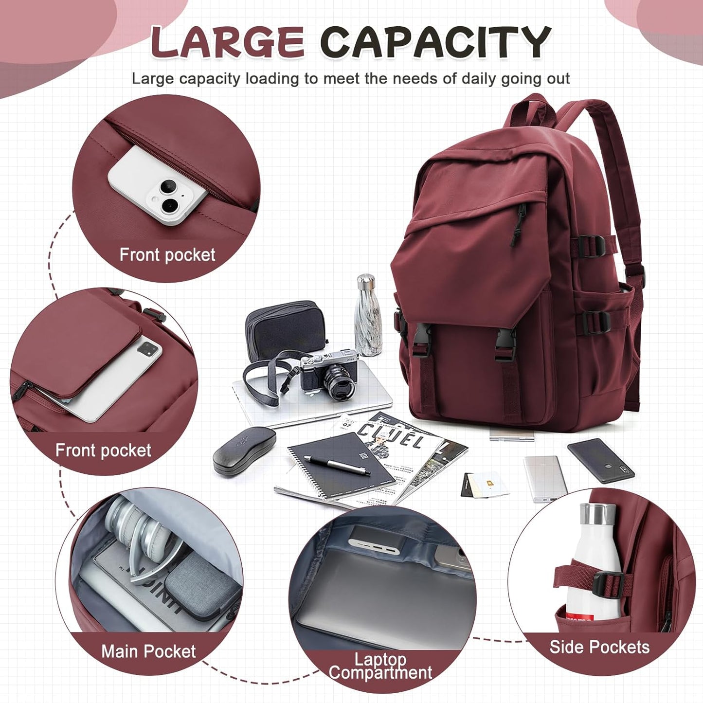 School Backpack for Women Men College High School Bags for Boys Girls Casual Daypack Laptop Backpack Waterproof Black Bookbag Travel Rucksack