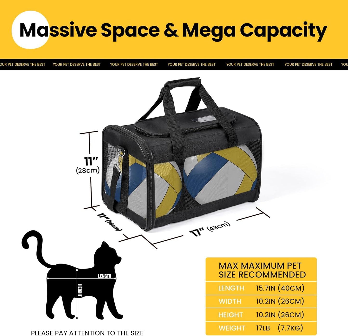 Conlun Cat Carrier Airline Approved, Soft-Sided Dog Carrier with Inner Safety Leash, Pet Transport Carrier for Small-Medium Cats Puppies up to 15 Lbs, Collapsible Travel Kitten Carrier Bag -Black M