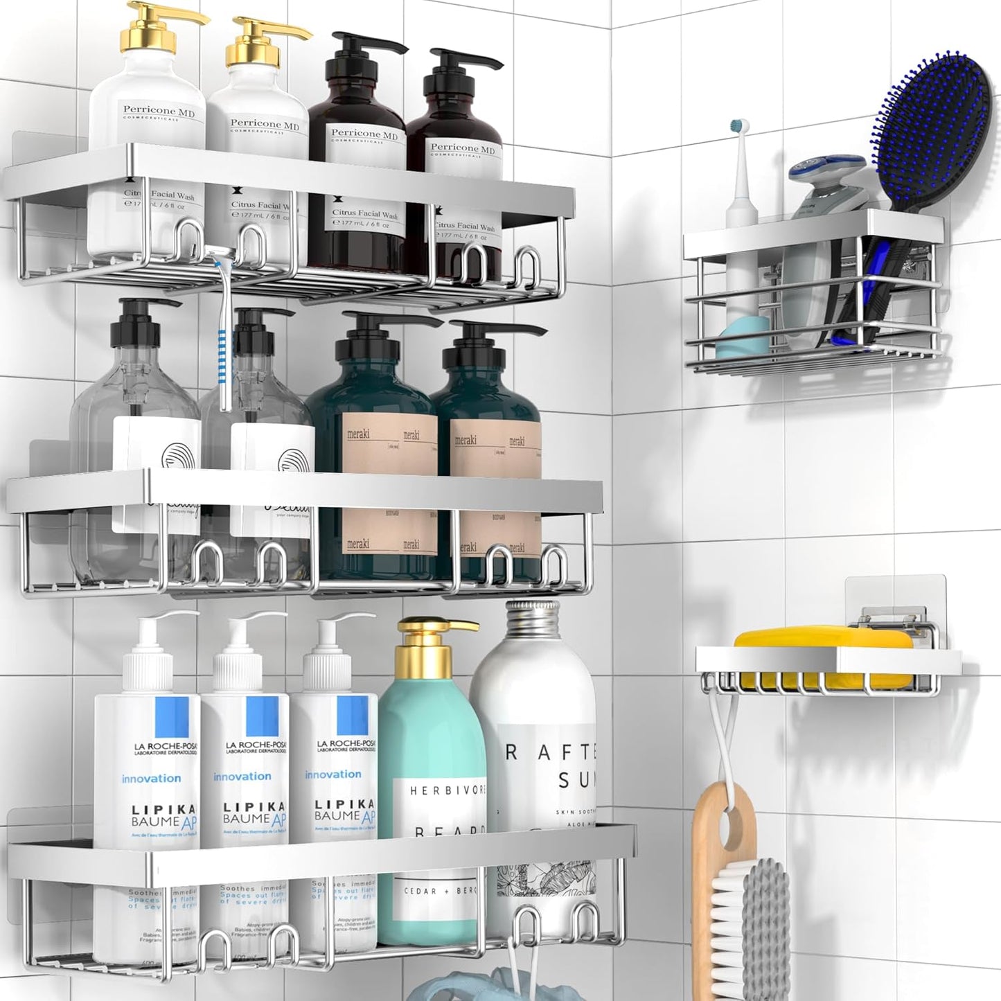 Moforoco Shower Caddy Shelf Organizer Rack, Self Adhesive Black Bathroom Shelves Basket, Home Farmhouse Wall Shower Inside Organization and Storage Decor Rv Accessories, First Apartment Essentials