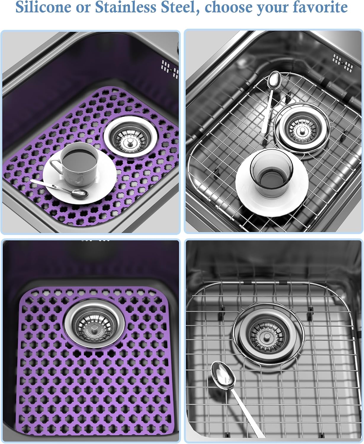BEHOK 2 Pack Silicone Sink Protector for Kitchen Sink Bathroom Sink 13.58"x 11.6" Sink Mat, Non-Slip and Durable Silicone Sink Grid, Rear Drain (Gray)