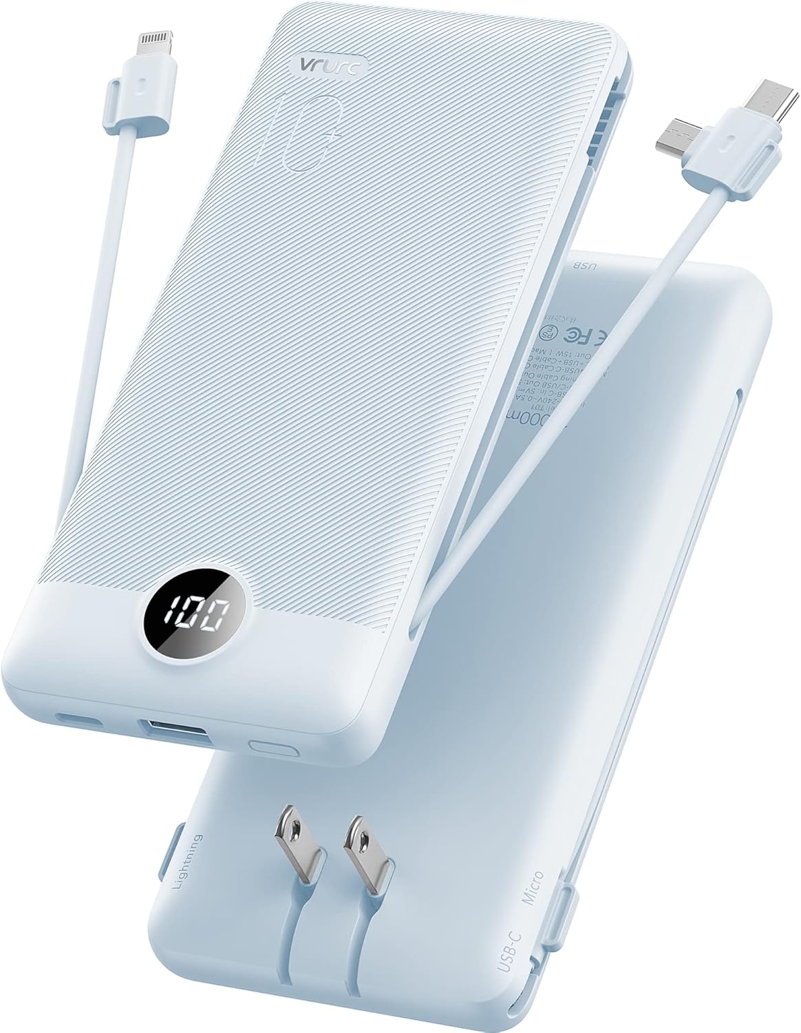 Portable Charger for iPhone, 10000mAh Power Bank with Built-in Cables & AC Wall Plug, USB C Phone Charger 5 Output External Battery Pack Compatible with iPhone Samsung Google Pixel Android -White