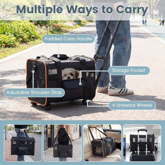 Giantex Rolling Pet Carrier with Wheels, Foldable Cat Carrier with Telescopic Handle, Breathable Mesh Dog Crate with Safety Leash & Washable Pad, Portable Pet Travel Bag for Small Pets up to 33 lbs