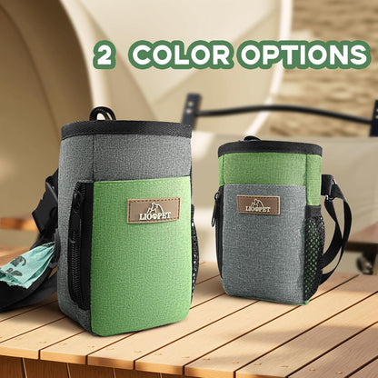 Upgraded Large-Sized Dog Treat Pouch with Waist Clip - Fashionable Green&Grey Design - Large Capacity Treat Bag for Dog Walks,Outdoor Activities, Travel and Training - Includes 1 Poop Bags