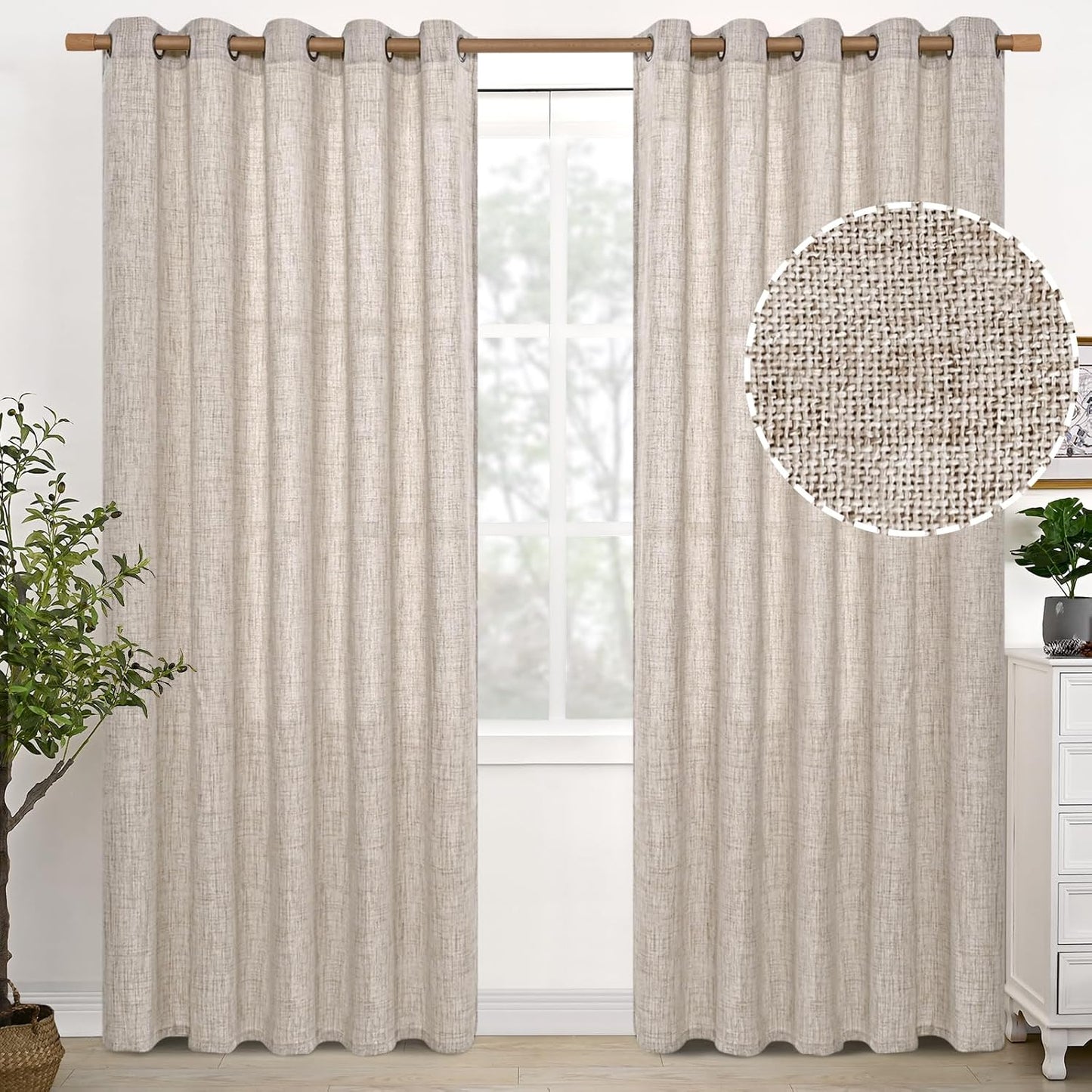 YoungsTex Natural Linen Curtains 84 Inch Long for Living Room Bedroom Grommet Top Light Filtering Privacy Linen Textured Window Semi Sheer Drapes, 2 Panels, 52x84 Inch, Natural