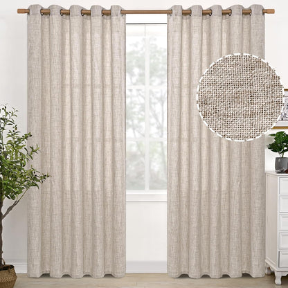 YoungsTex Natural Linen Curtains 84 Inch Long for Living Room Bedroom Grommet Top Light Filtering Privacy Linen Textured Window Semi Sheer Drapes, 2 Panels, 52x84 Inch, Natural