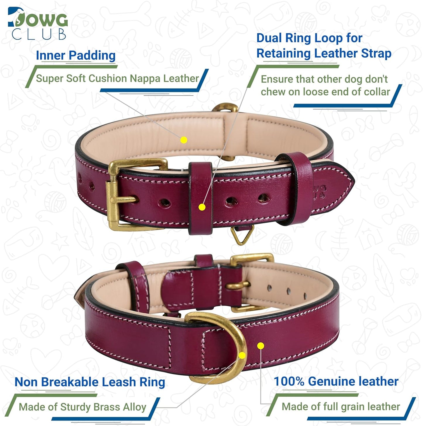 DowgClub | Genuine Leather Dog Collar | Full Grain, Heavy Duty | Comfortable, Strong | Best for Pups, Small, Medium & Large Breeds | Pink, Brown, Black, Tan