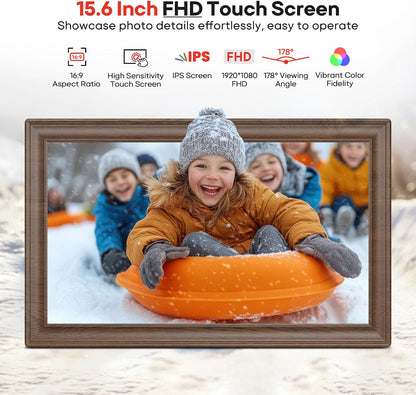 64GB 15.6" Frameo Digital Picture Frame WiFi, Large Electronic Photo Frames 1920 x 1080 IPS FHD Touch Screen, Send Photos from Your Phone from Anywhere, Best Gifts for Family and Friends Brown Wood