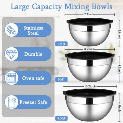 LIANYU Mixing Bowls with Lids Set of 3, Large & Small Stainless Steel Nesting Metal Bowls for Kitchen Storage, Dishwasher Safe, Size 1.5QT & 3QT & 4.6QT, Black