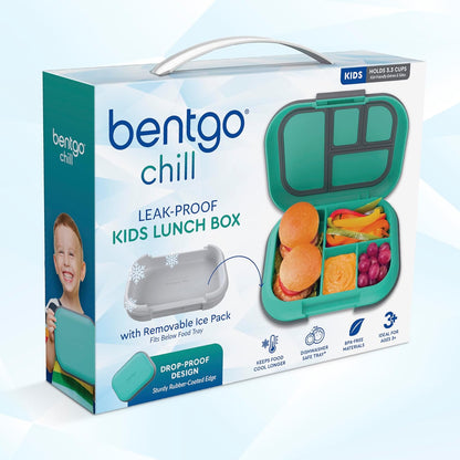 Bentgo Chill Kids Leak-Proof Lunch Box - 4-Compartment Bento Box with Built-In Ice Pack, 3.3 Cup Capacity, PFAS & BPA-Free, Microwave & Dishwasher Safe, Ideal Size for Ages 3 to 7 (Aqua)