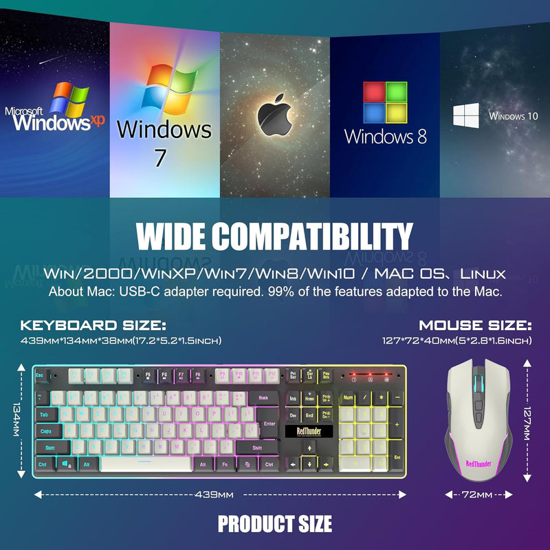 RedThunder K10 Wireless Gaming Keyboard and Mouse Combo, LED Backlit Rechargeable 3800mAh Battery, Mechanical Feel Anti-ghosting Keyboard + 7D 3200DPI Mice for PC Gamer (Black)