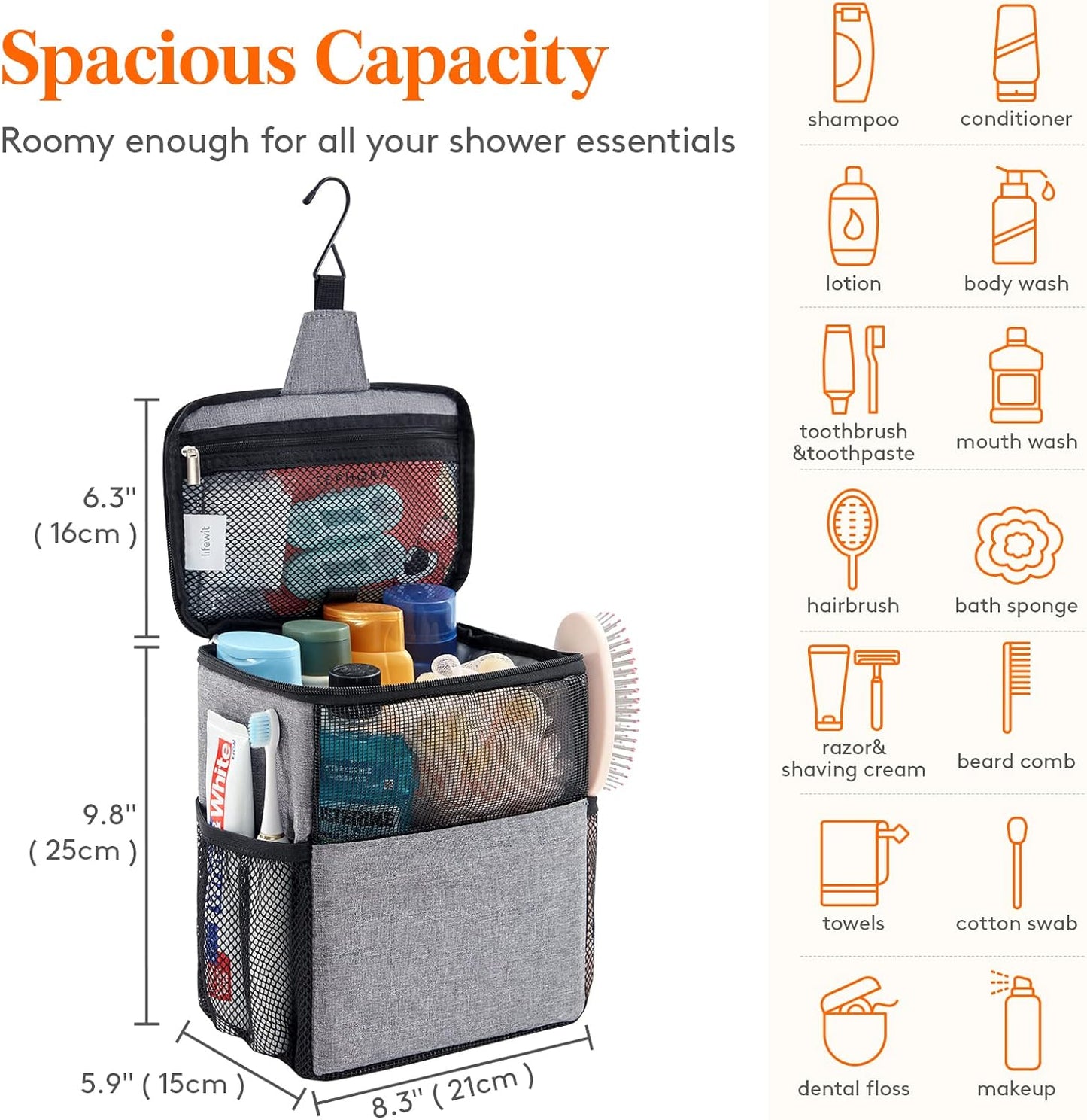 Lifewit Shower Bag Mesh Shower Caddy Portable College Dorm Room Essentials Tote Bag for Bathroom, Gym, Travel, Camping Quick Dry Hanging Shower Organizer Basket Toiletry Bag, Medium, Black