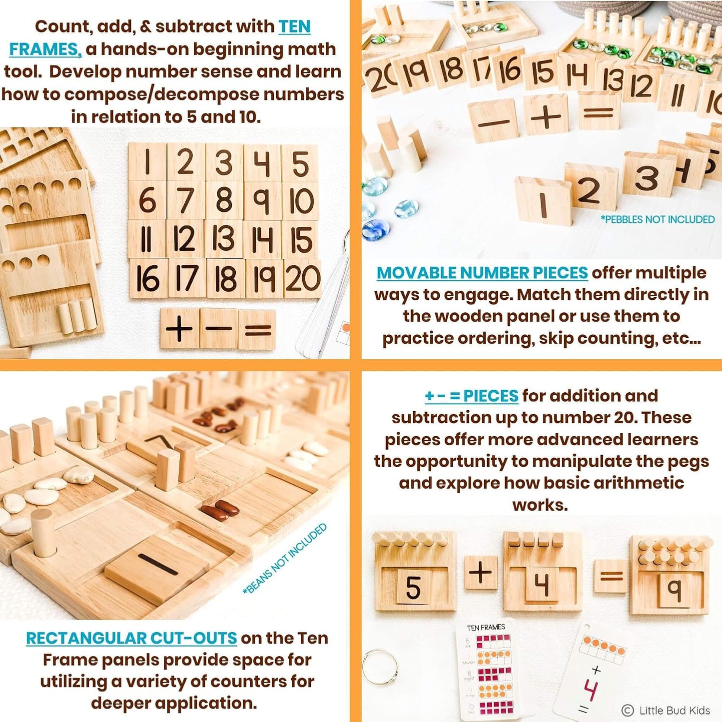 LITTLE BUD KIDS Counting Pegs Ten Frame Math Game - Number Peg Boards with Addition & Subtraction Flash Cards, A Number Learning Resources Toddler Math Puzzle & Kindergarten Montessori Toy