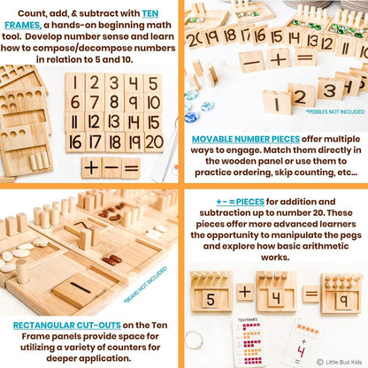 LITTLE BUD KIDS Counting Pegs Ten Frame Math Game - Number Peg Boards with Addition & Subtraction Flash Cards, A Number Learning Resources Toddler Math Puzzle & Kindergarten Montessori Toy